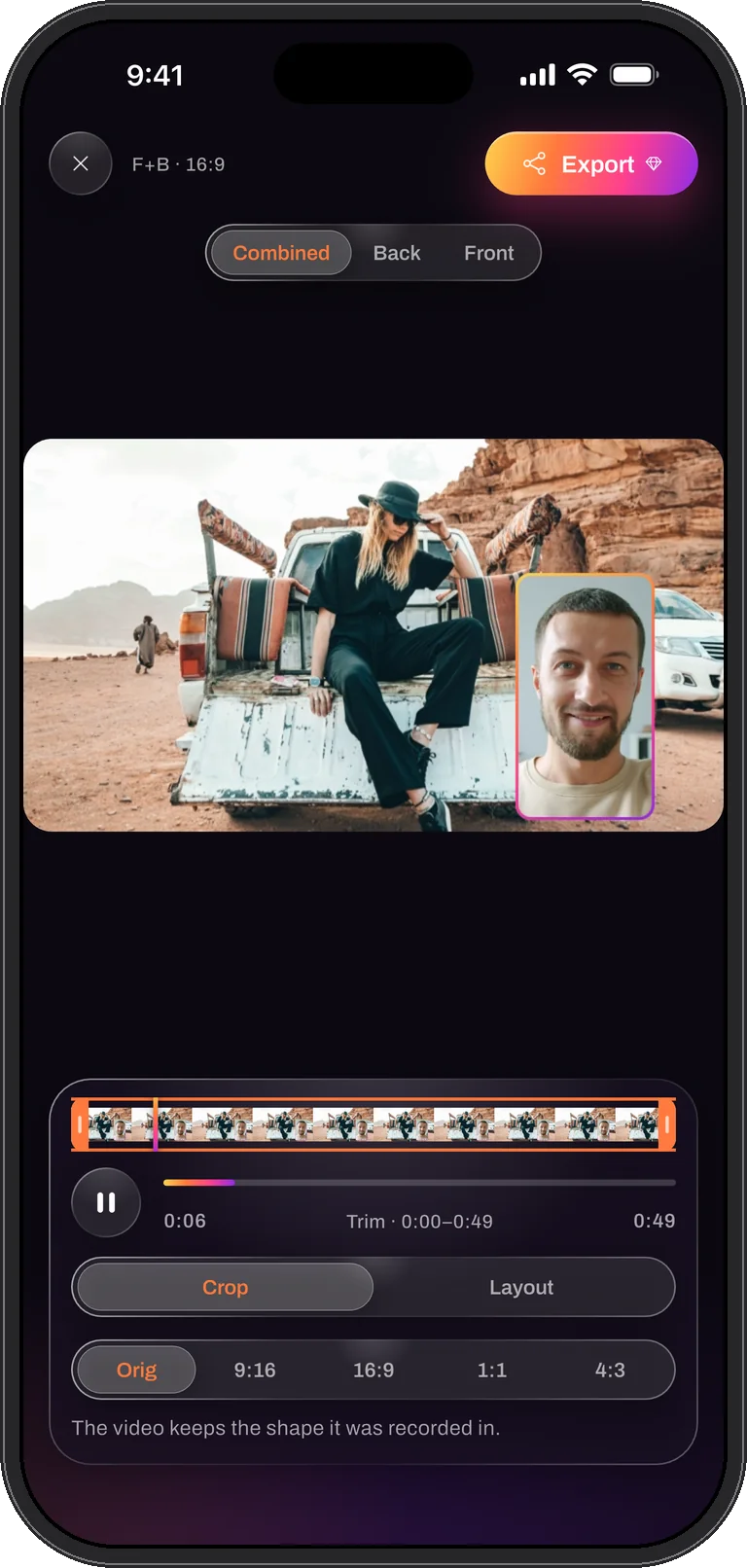 The editor with the filmstrip, trim range and the Crop tool