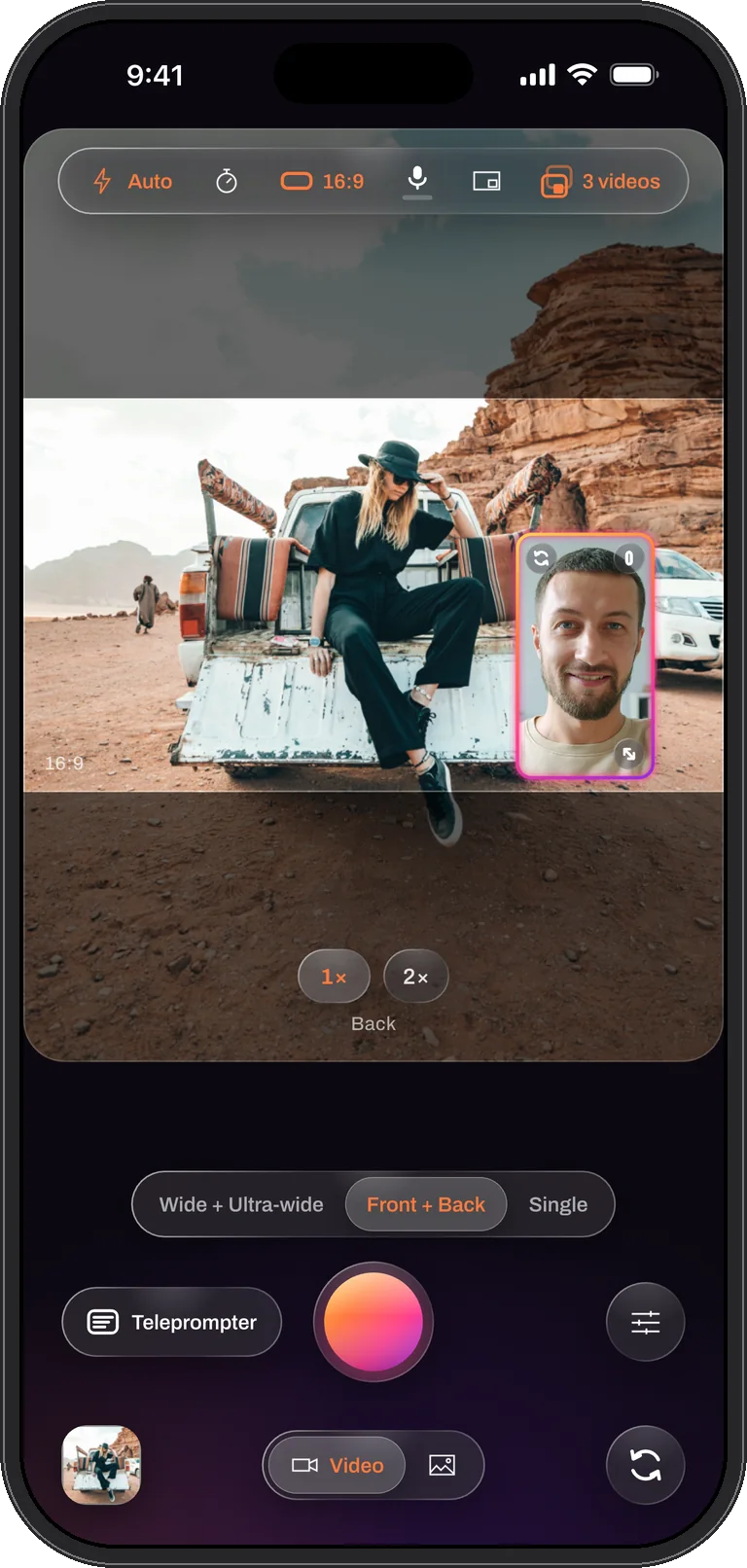 Front + Back with the selfie in a floating window