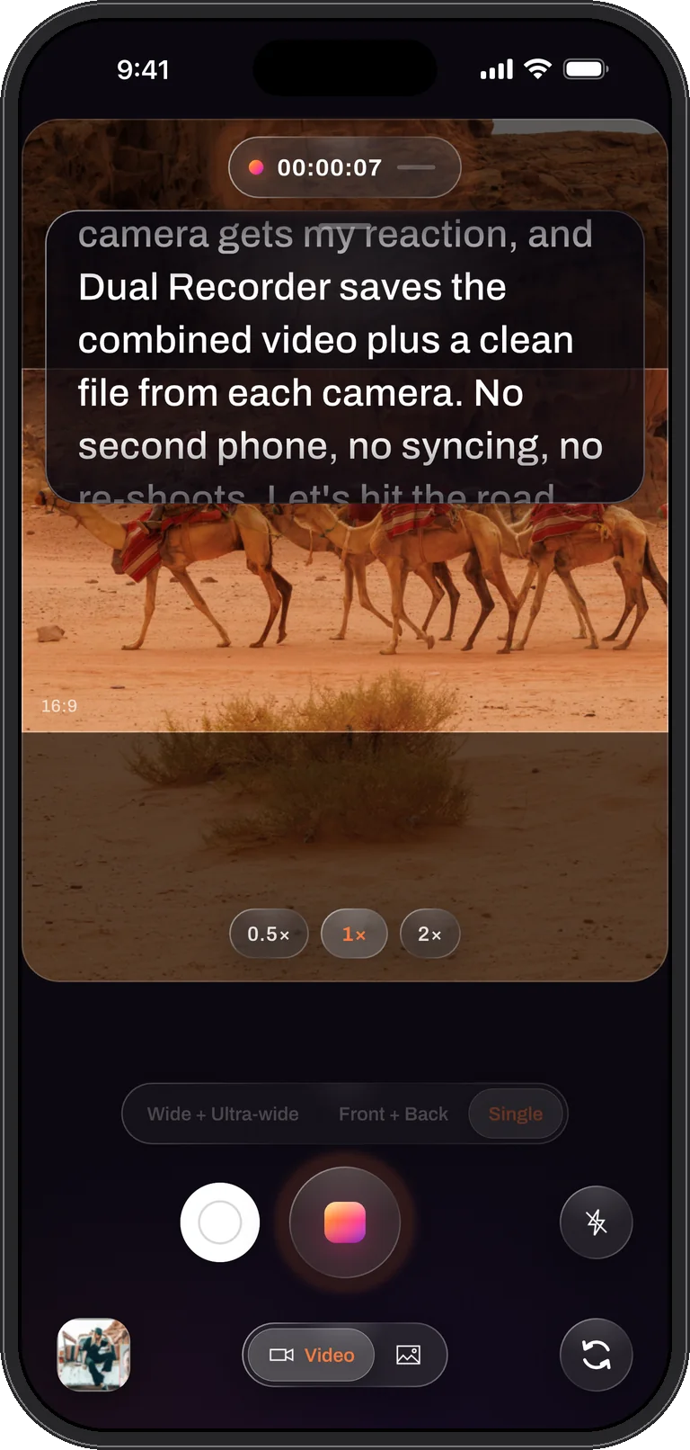 A script scrolling over the camera preview during a Front + Back take