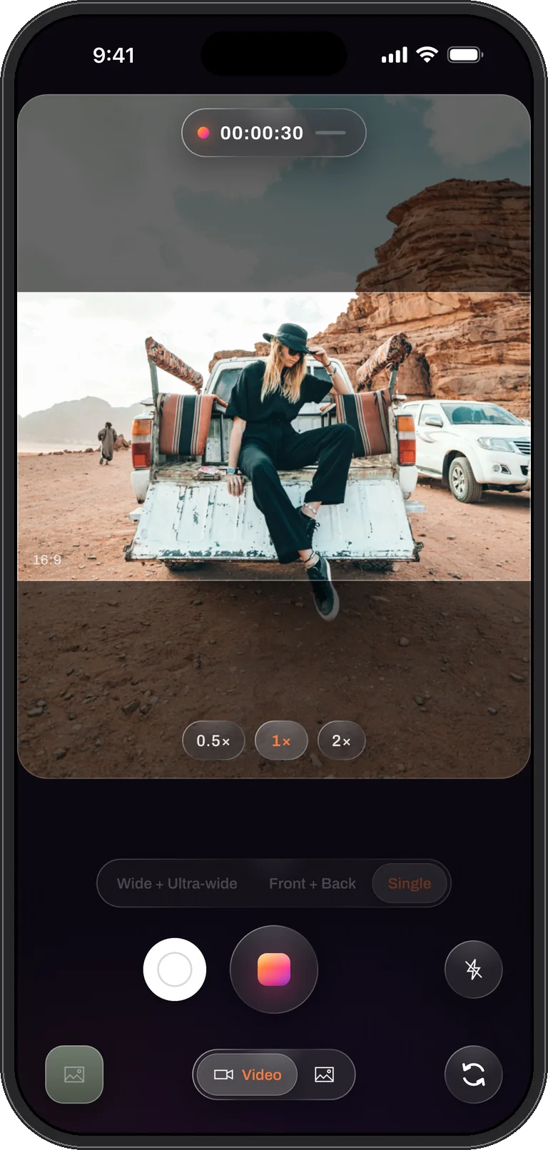 Single mode with the 0.5×, 1× and 2× lens pills