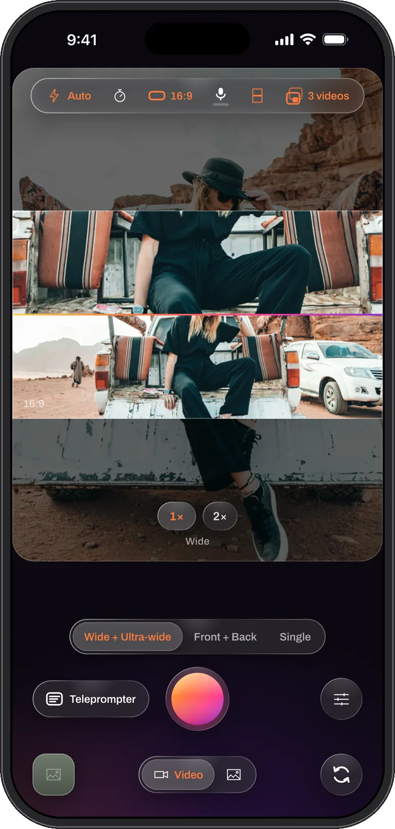 Wide + Ultra-wide mode: the same scene tight in the top half and wide in the bottom half