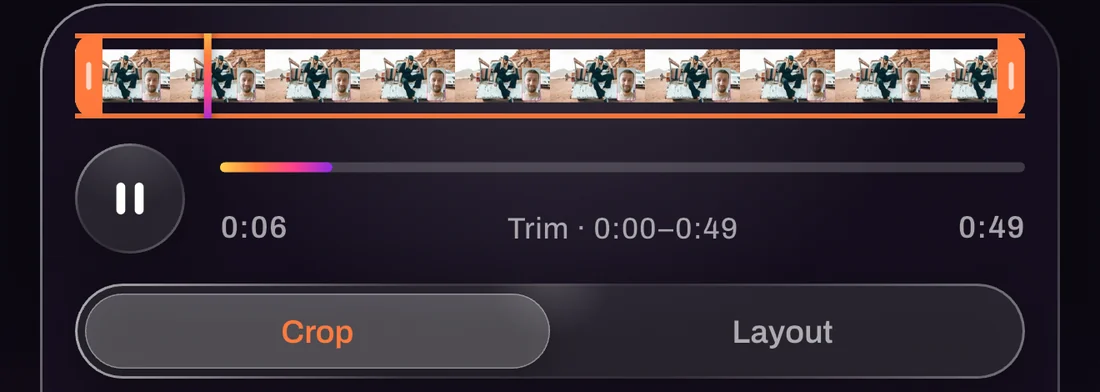 The editor's filmstrip with trim handles and the Crop and Layout tools