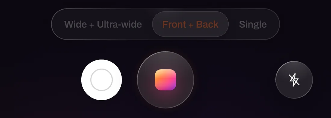 The recording controls: mode pills, the white photo shutter, the record button and the light switch