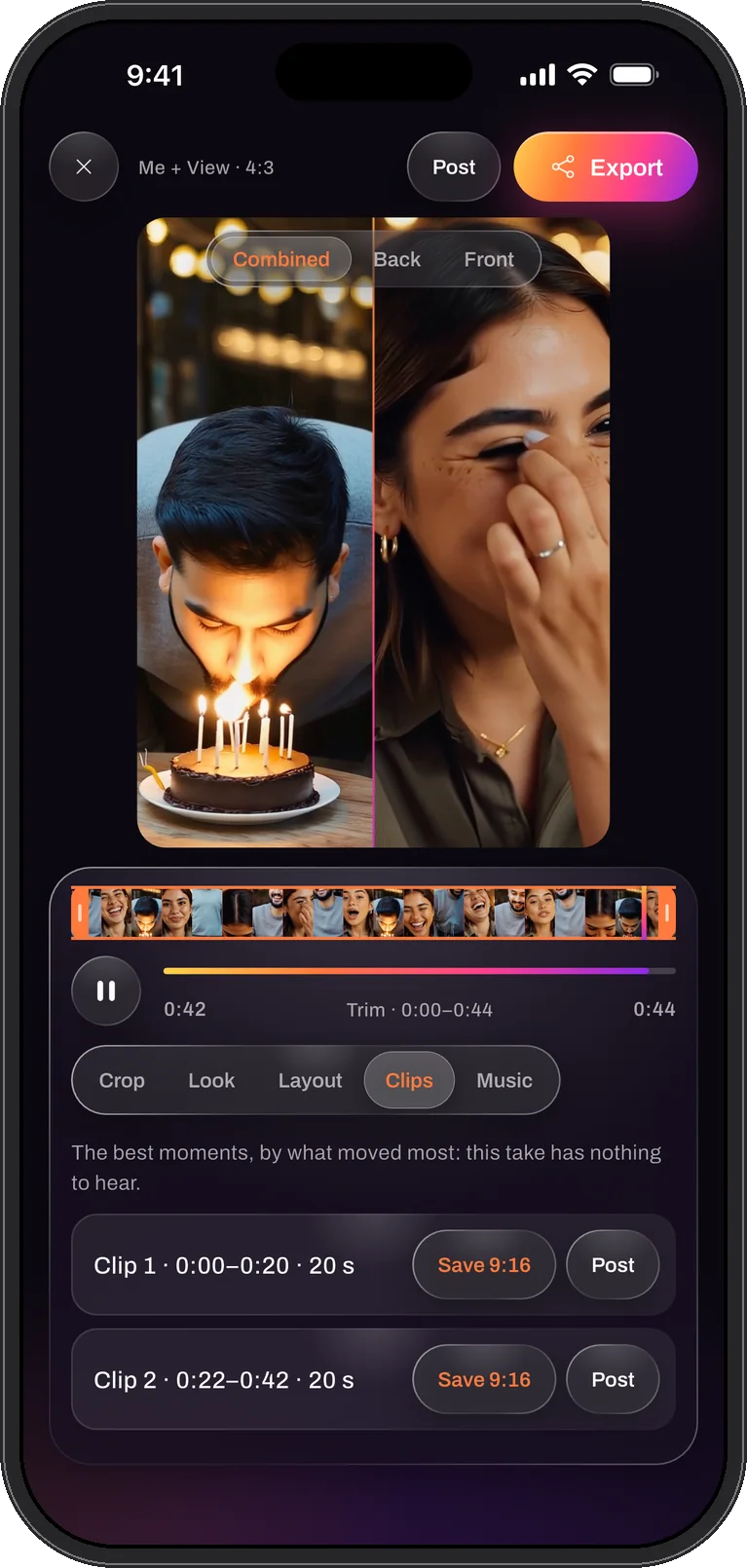 The editor with the filmstrip, trim range and the Crop tool