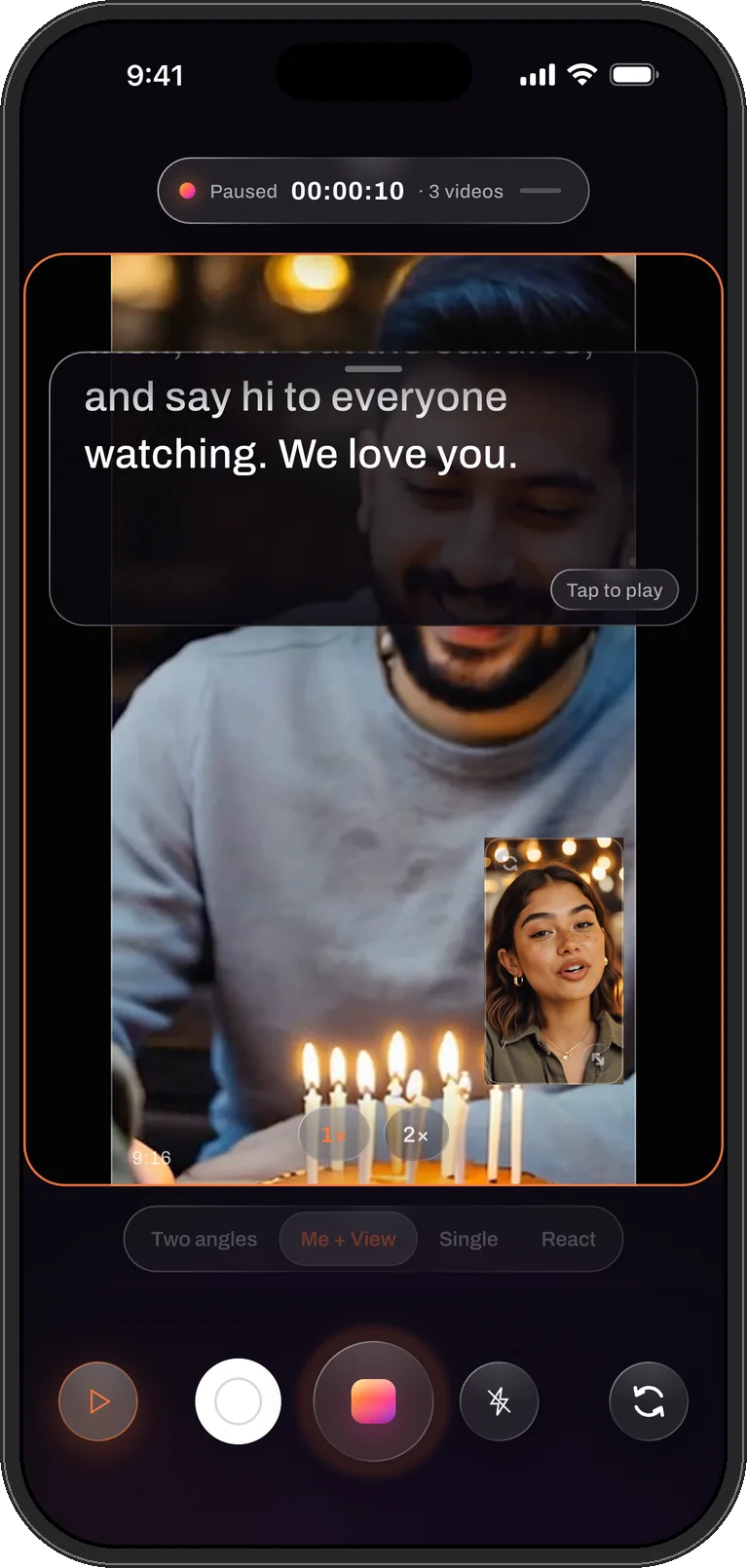 A script scrolling over the camera preview during a Me + View take