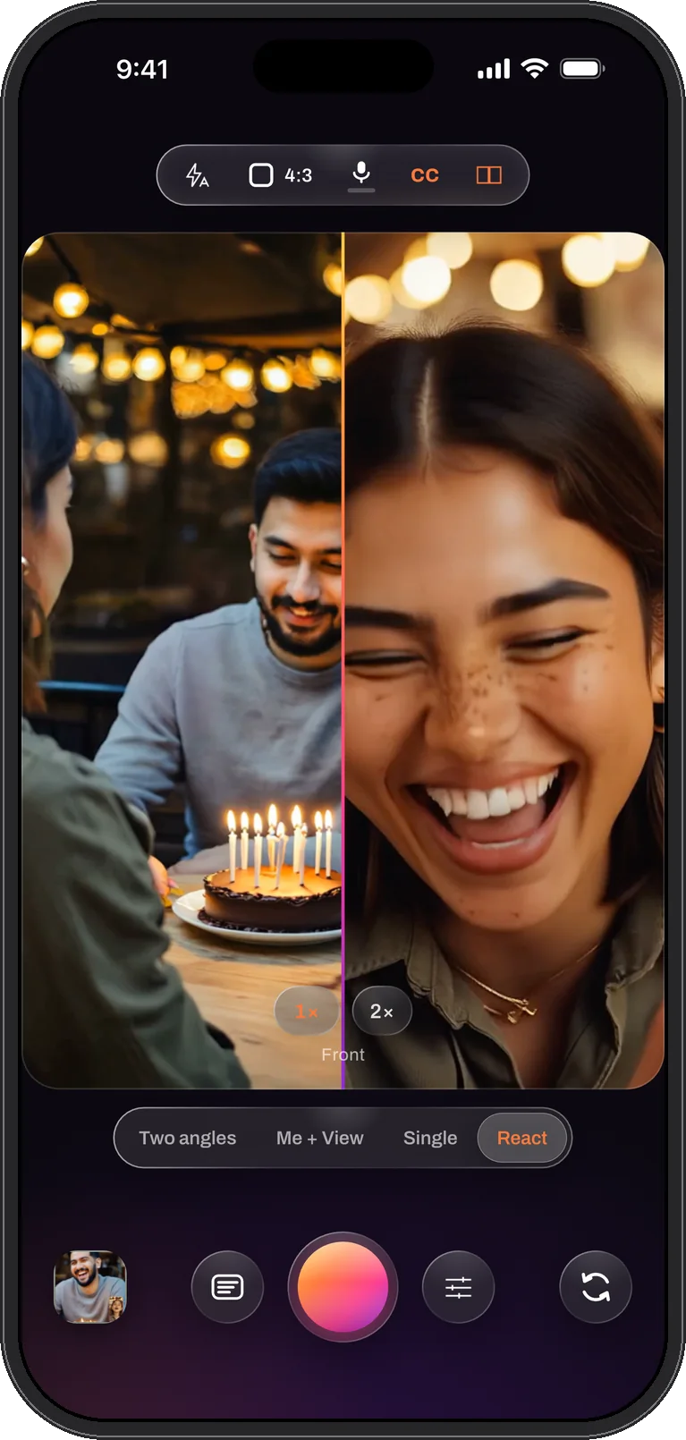 React mode as a Duet: the clip on the left, the selfie on the right