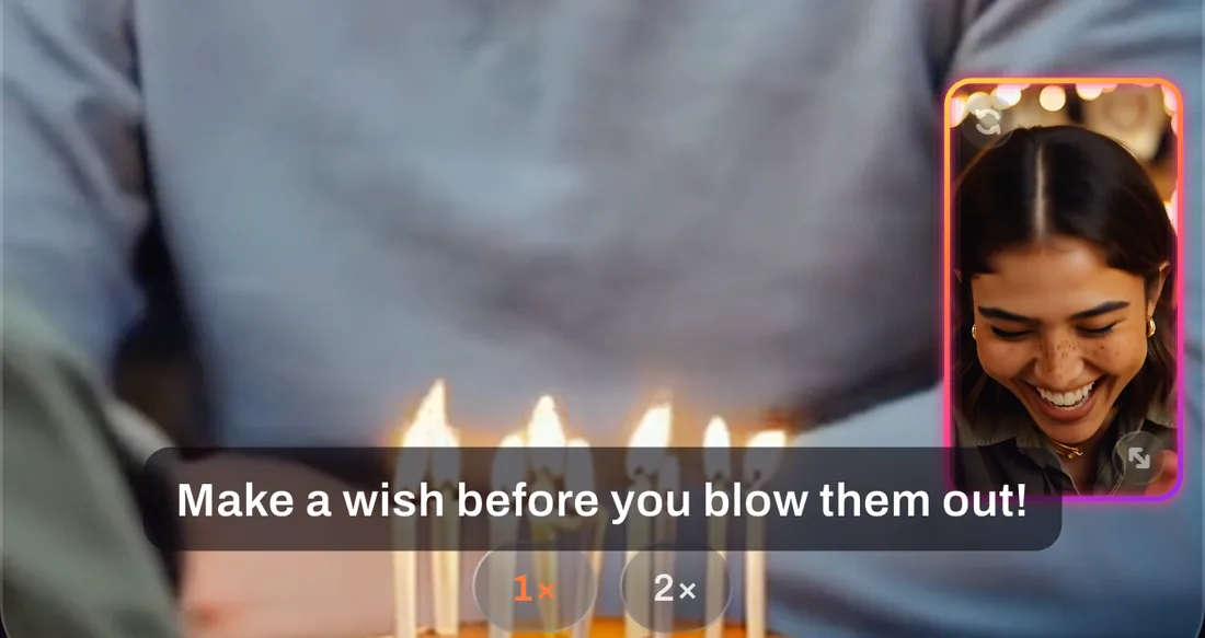 A live caption under the faces during a Me + View take