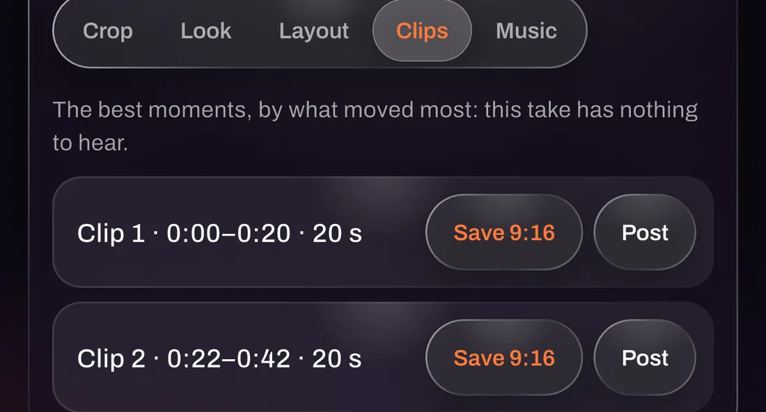 The Clips tab listing two 20-second moments with Save 9:16 and Post buttons