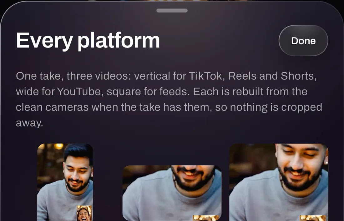 The Every platform sheet previewing the take in 9:16, 16:9 and 1:1