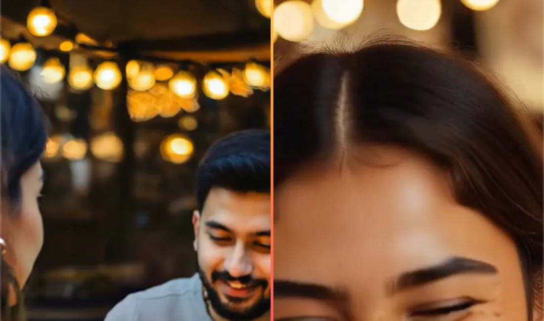 A Duet in React mode: the clip on the left and the selfie on the right, split by the sunset seam